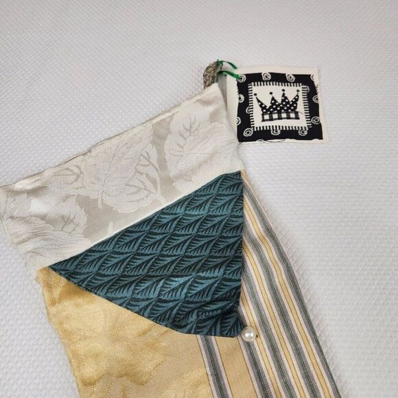 Vintage 90s Victorian Christmas Stocking Gold Green Damask - Picture 3 of 5